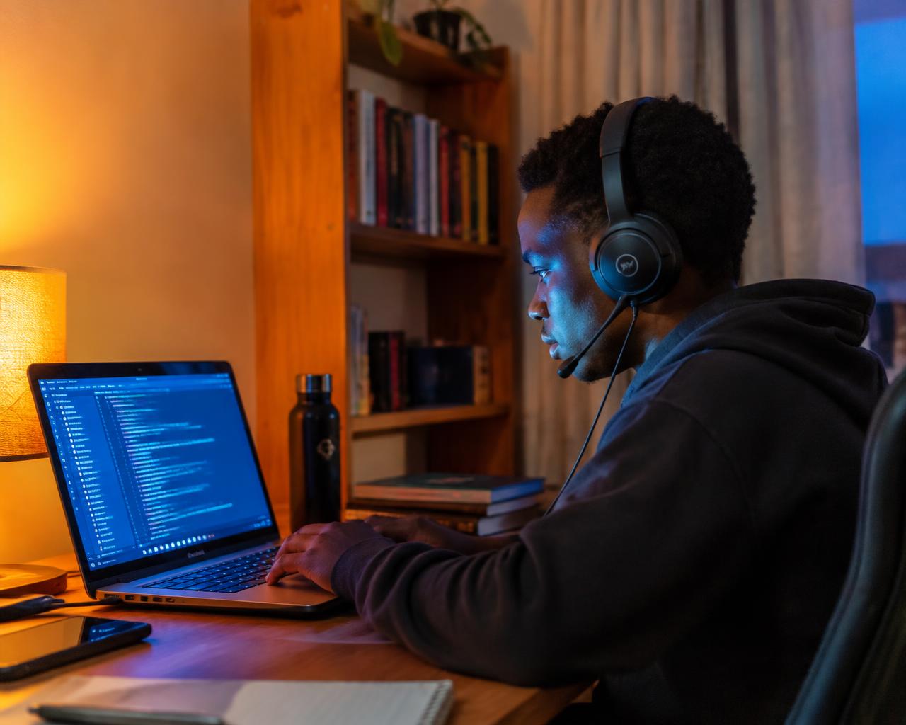 Student studying an online programming course from home